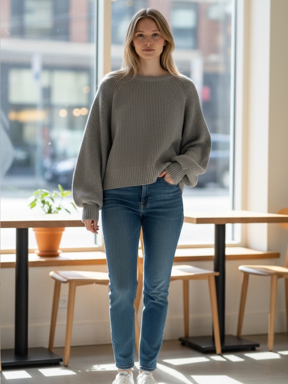 Tussah Sage Green Ribbed Knit Balloon Sleeve Sweater Raglan Crew Neck